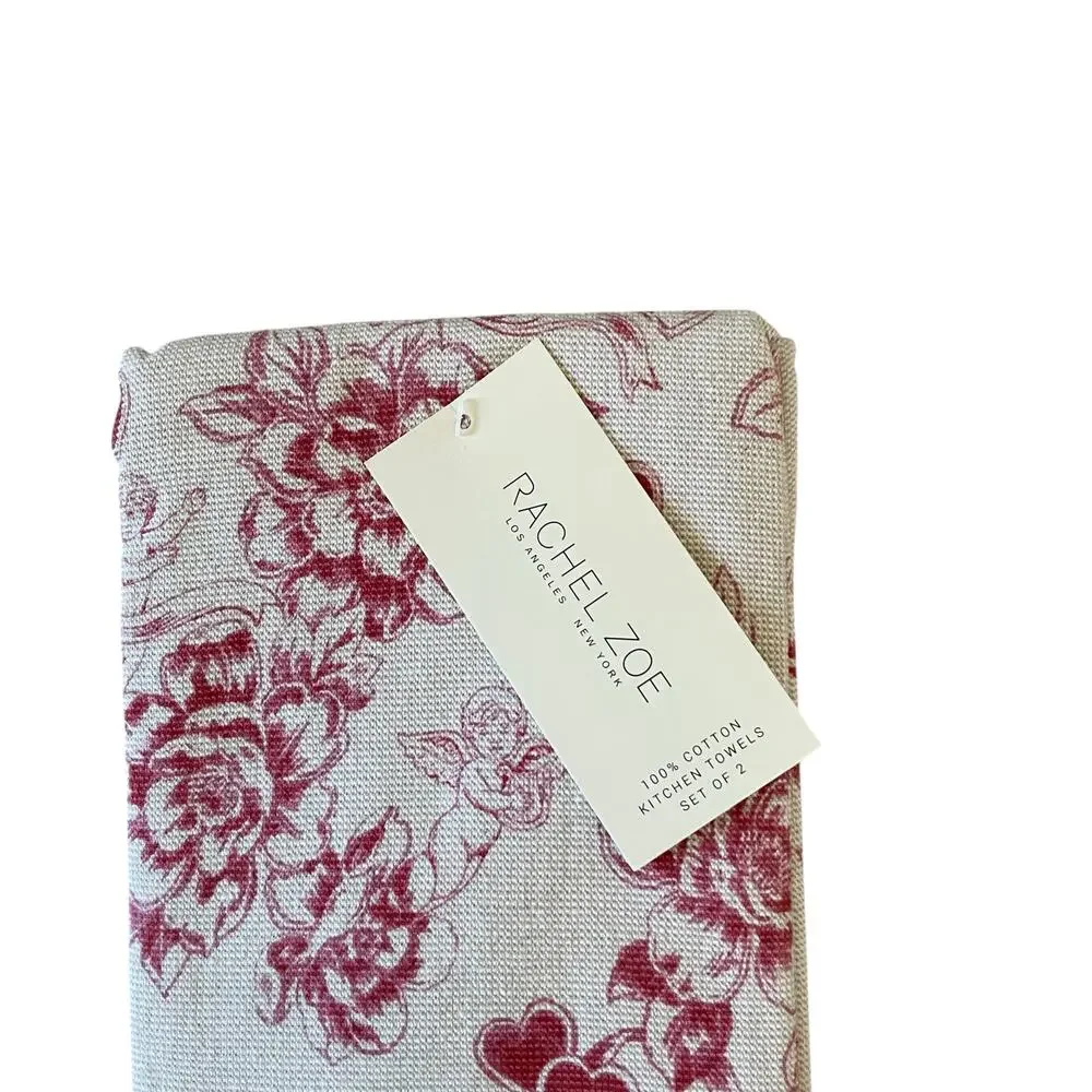Rachel Zoe Valentine Kitchen Towels 20x28 Cotton Cupid Toile Red Beige 2pc NEW